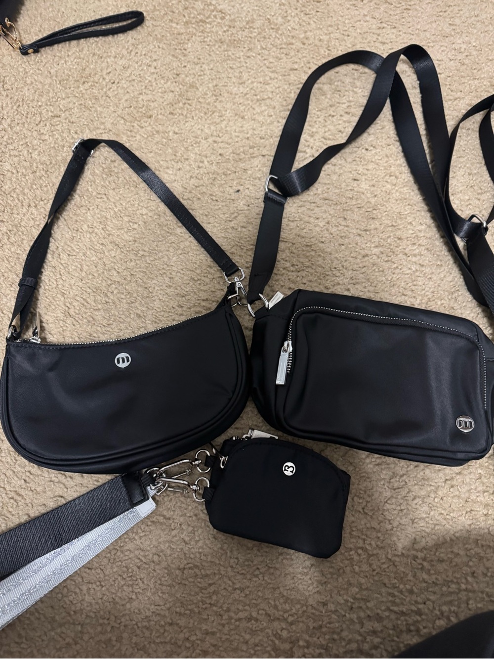 Black Crossbody Set of 3 plus wristlet- Silver Hardware